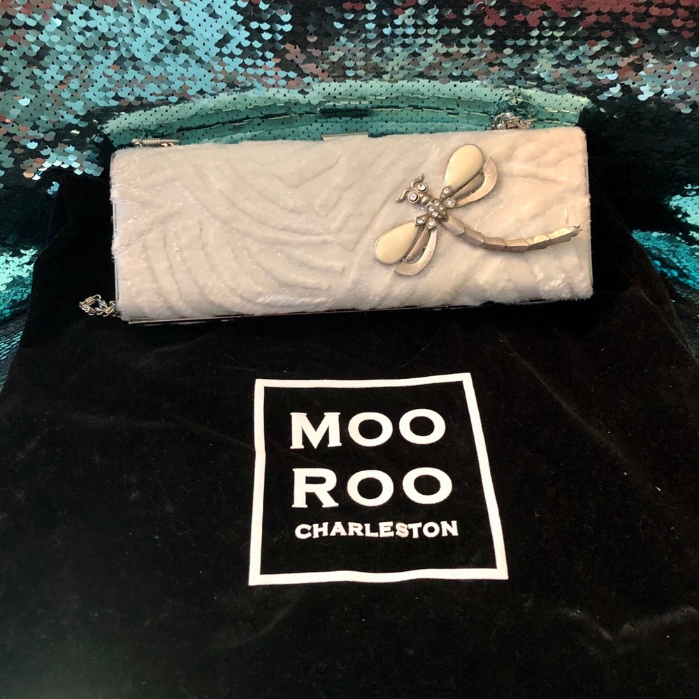 Moo Roo Charleston White Dragonfly Evening Clutch